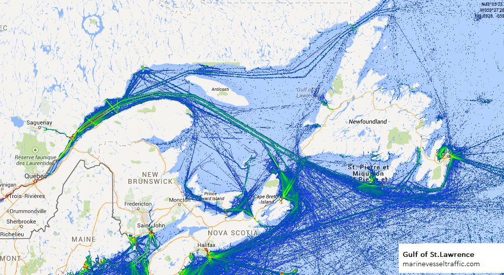 Live Marine Traffic, Density Map and Current Position of ships in GULF OF SAINT LAWRENCE